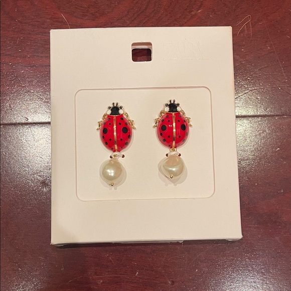 Zara Jewelry - Zara Red Ladybug Earrings with Pearl Drops
